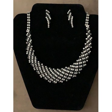 Silver w/Black & Clear Rhinestone Necklace Set 